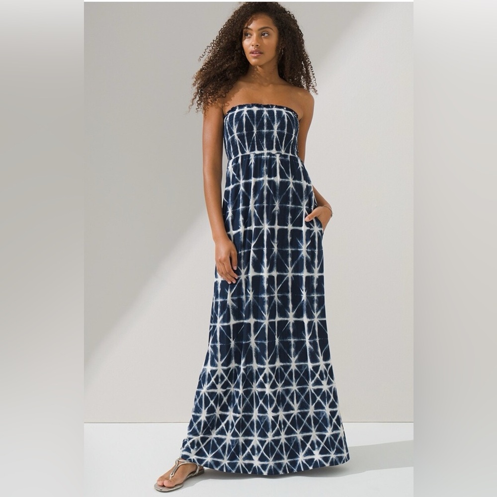 Soma Navy and White Strapless Tie-Dye Maxi Dress